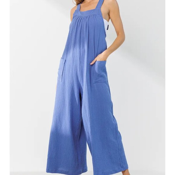 Blue Cotton Gauze Wide Leg Jumpsuit - Picture 1 of 1